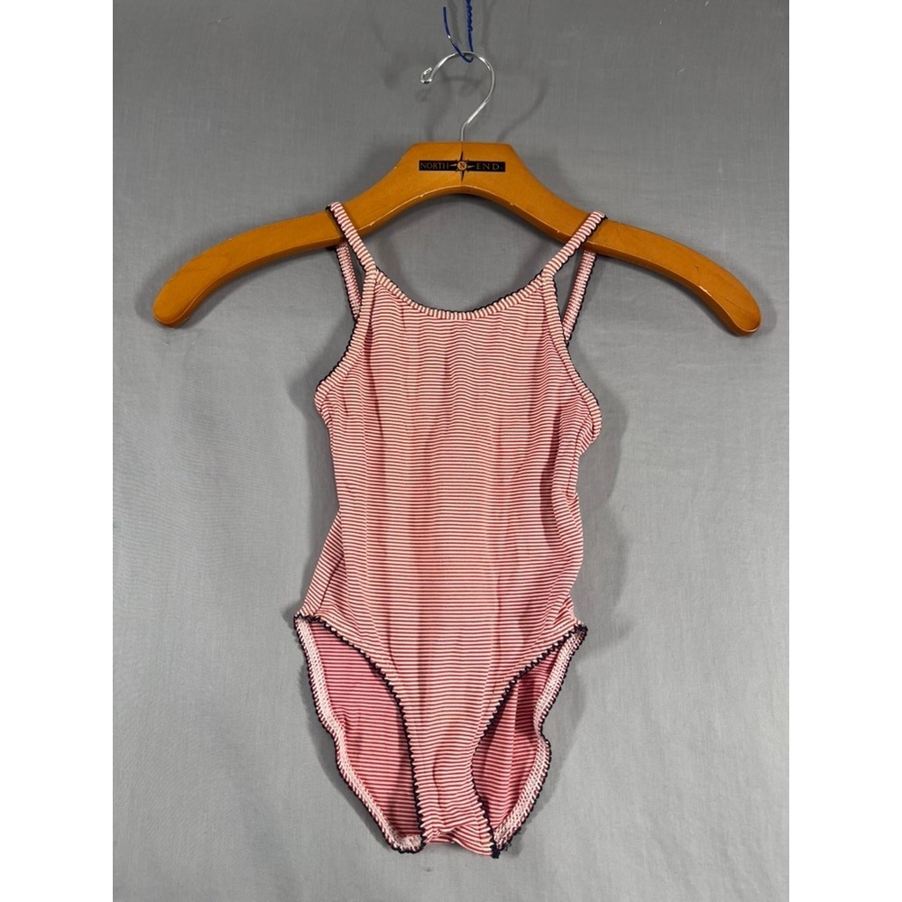 Petit Bateau Girls Red White Striped One Piece Swimsuit Size 4 102cm Picot Trim